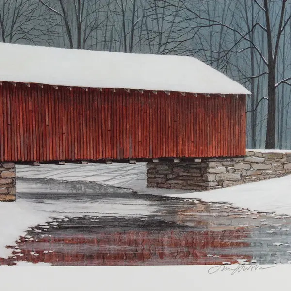 1995 Jim Harrison Signed Print Red Bridge Art Print 14" x 23"