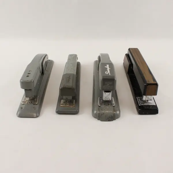 Four Vintage Swingline Staplers Gunmetal Grey (3) &  one w/ Woodgrain Pattern 