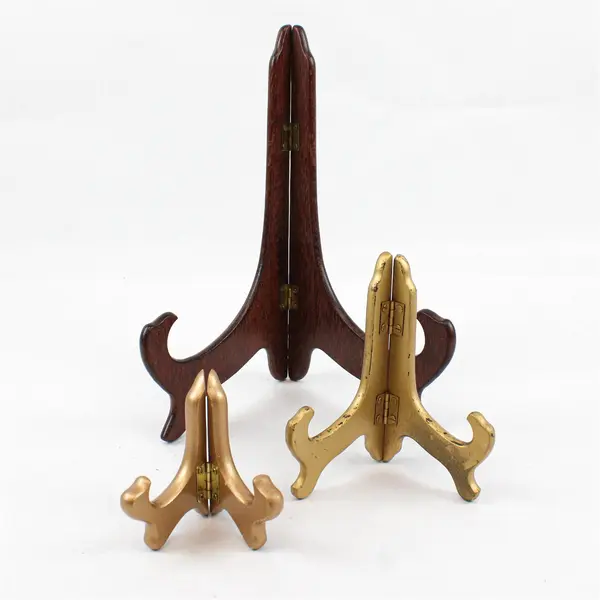 Lot of 3 Wooden Display Easels 2 Gold Tone 1 Dark Wood Used