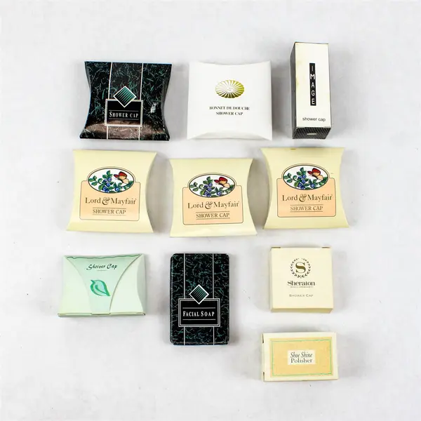 Lot of 10 Hotel Toiletries 8 Shower Caps 1 Facial Soap & 1 Shoe Shine Polisher