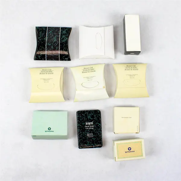 Lot of 10 Hotel Toiletries 8 Shower Caps 1 Facial Soap & 1 Shoe Shine Polisher