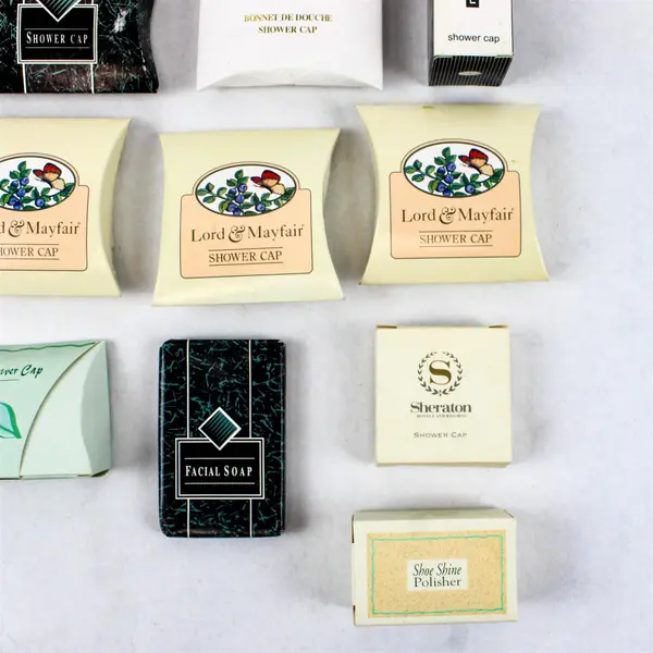 Lot of 10 Hotel Toiletries 8 Shower Caps 1 Facial Soap & 1 Shoe Shine Polisher
