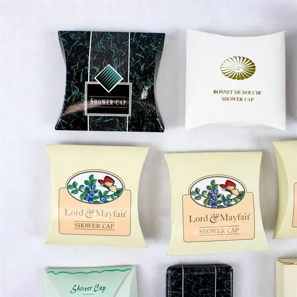 Lot of 10 Hotel Toiletries 8 Shower Caps 1 Facial Soap & 1 Shoe Shine Polisher