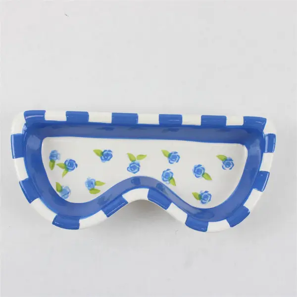 Hand-Painted Blue and White Floral Eyeglass Holder Ceramic Dish
