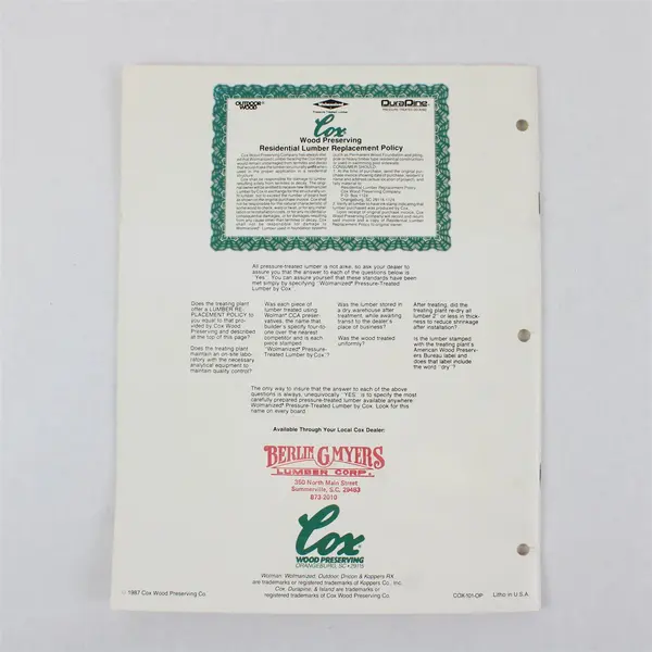 Vintage Outdoor Projects by Cox Wood Preserving Co Includes Fencing 1987 PB Good