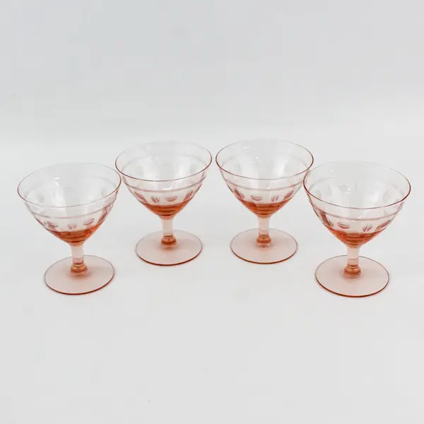 Set of 4 Pink Depression Glass Sherbet Glasses With Etched Split Dots