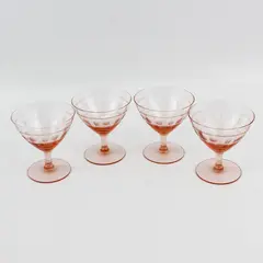 Set of 4 Pink Depression Glass Sherbet Glasses With Etched Split Dots