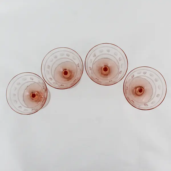 Set of 4 Pink Depression Glass Sherbet Glasses With Etched Split Dots