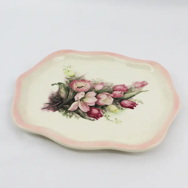 Vintage Scalloped Rim Tray or Platter With A Hand Painted Tulip Bouquet