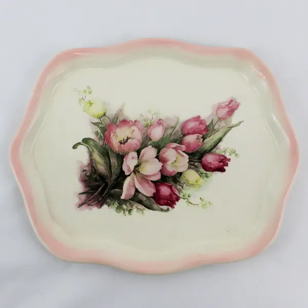 Vintage Scalloped Rim Tray or Platter With A Hand Painted Tulip Bouquet