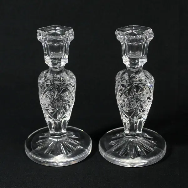 Vintage Pair Lead Crystal Candle Stick Holders Pinwheel Star Pattern 5” High