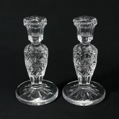 Vintage Pair Lead Crystal Candle Stick Holders Pinwheel Star Pattern 5” High