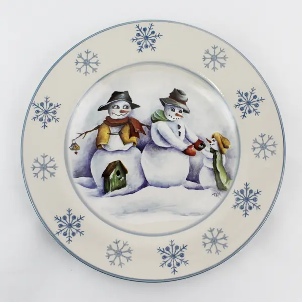 3 Royal Norfolk Stoneware Christmas Plates White W/ Blue Snowflake Rim Blue Trim