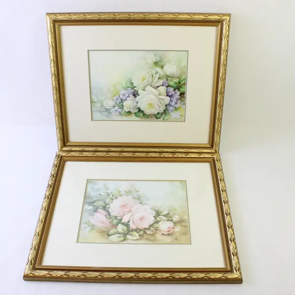 Lot of 2 Sonie Ames Floral Prints Pink White Roses Violets Gold Wood Frames