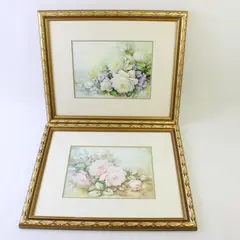 Lot of 2 Sonie Ames Floral Prints Pink White Roses Violets Gold Wood Frames