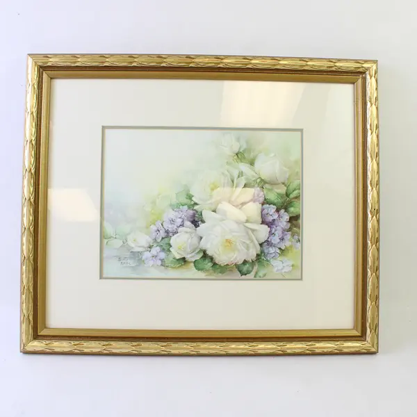 Lot of 2 Sonie Ames Floral Prints Pink White Roses Violets Gold Wood Frames