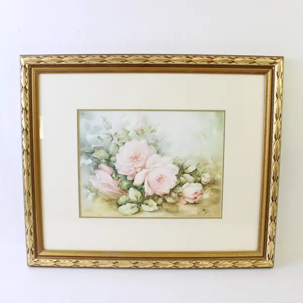 Lot of 2 Sonie Ames Floral Prints Pink White Roses Violets Gold Wood Frames