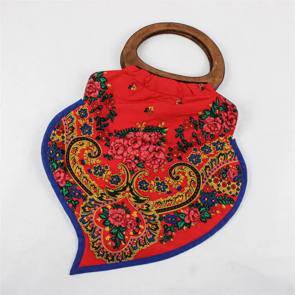 Traditional Folk Style Handbag Wooden Handles Red Blue Pink Yellow