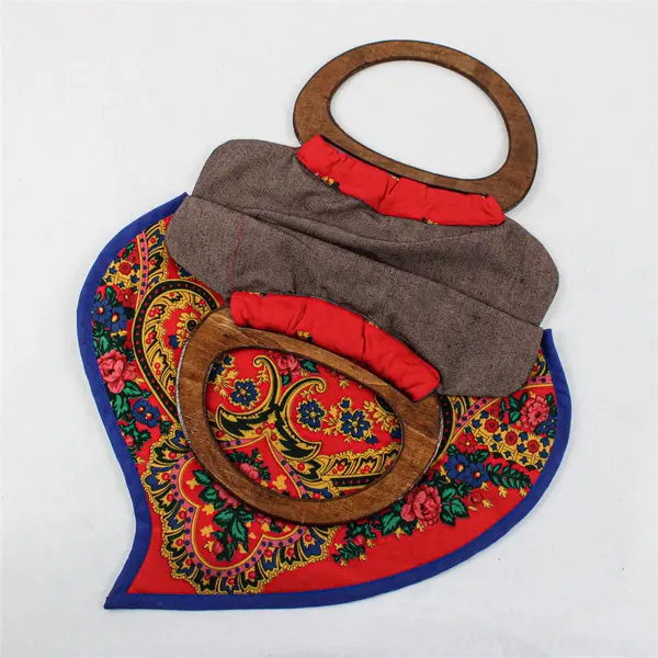 Traditional Folk Style Handbag Wooden Handles Red Blue Pink Yellow