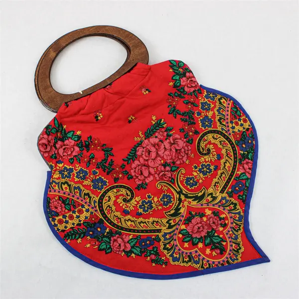 Traditional Folk Style Handbag Wooden Handles Red Blue Pink Yellow