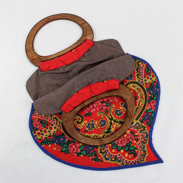 Traditional Folk Style Handbag Wooden Handles Red Blue Pink Yellow
