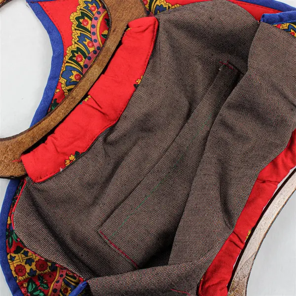 Traditional Folk Style Handbag Wooden Handles Red Blue Pink Yellow