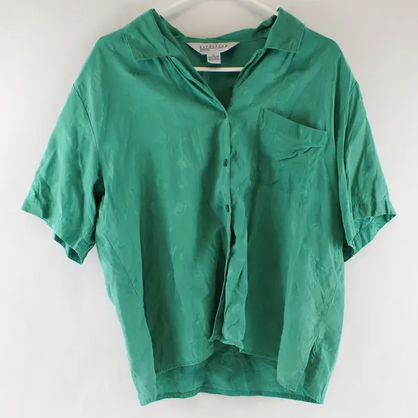 Vintage Nordstrom Green Short Sleeve Button-Up Silk Blouse Women's 16