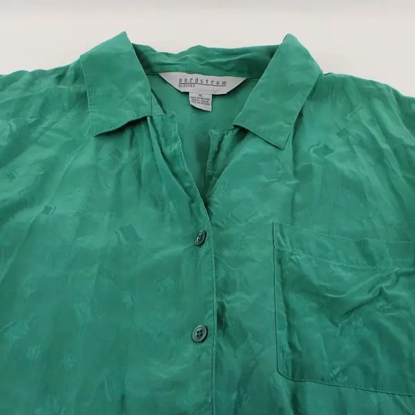 Vintage Nordstrom Green Short Sleeve Button-Up Silk Blouse Women's 16