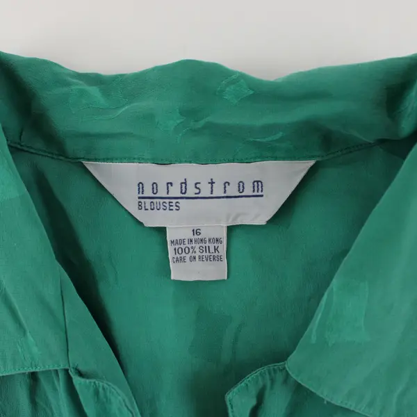 Vintage Nordstrom Green Short Sleeve Button-Up Silk Blouse Women's 16