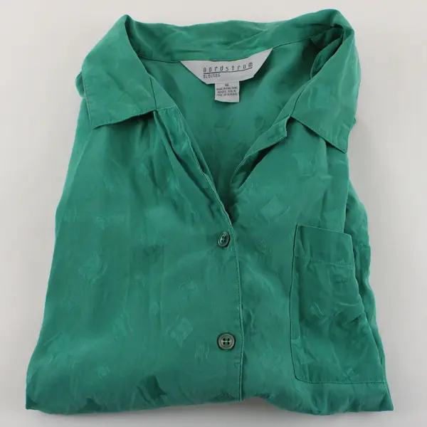 Vintage Nordstrom Green Short Sleeve Button-Up Silk Blouse Women's 16