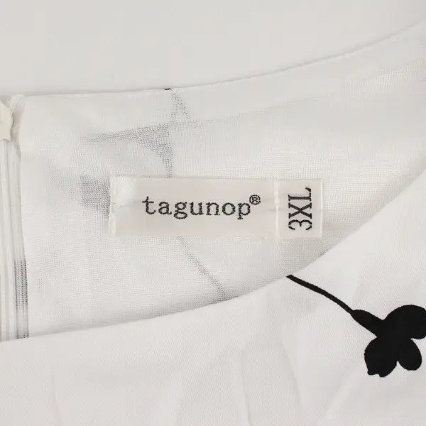 Tagunop Black and White Floral Patterned Short-Sleeved A-Line Dress Women's 3XL