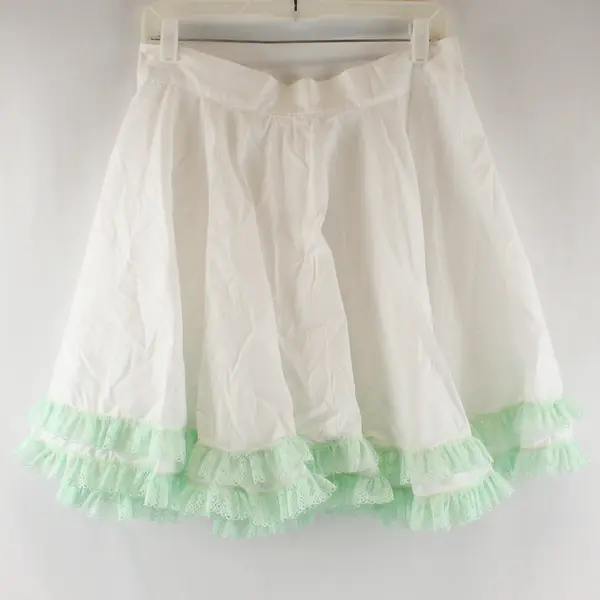 Vintage Handmade 32" Waist White/Green Lace Trim Cotton Petticoat Skirt