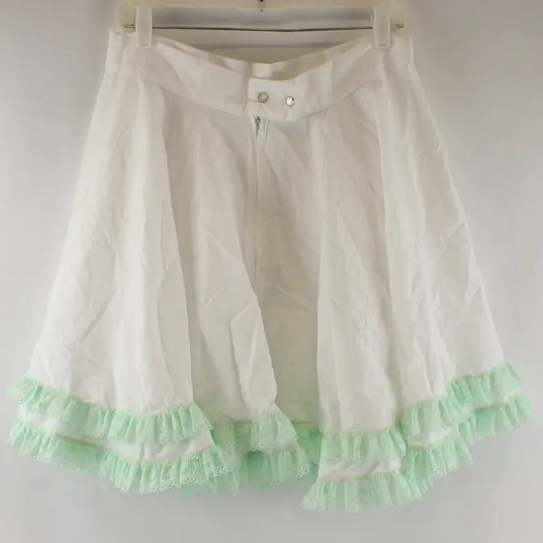 Vintage Handmade 32" Waist White/Green Lace Trim Cotton Petticoat Skirt