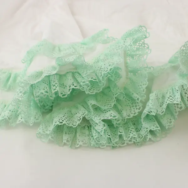 Vintage Handmade 32" Waist White/Green Lace Trim Cotton Petticoat Skirt