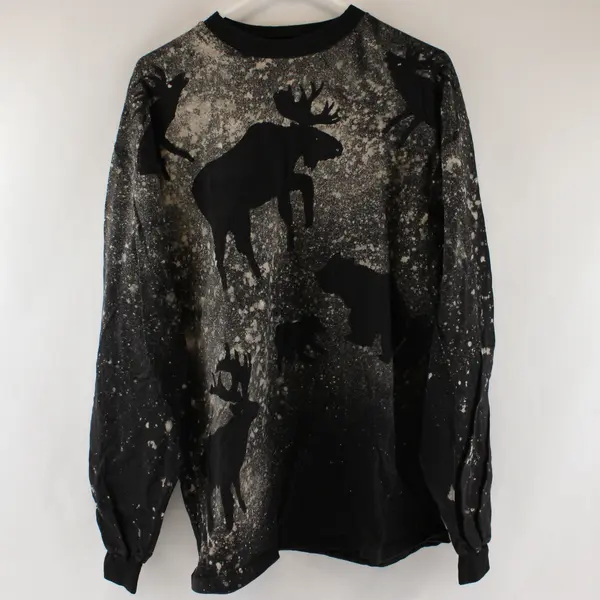D.F. Designs Mens XL Black Long Sleeve Wildlife Bleach Design T-Shirt