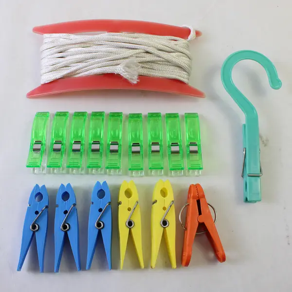 Lot of 16 Assorted Plastic Clothespins Nylon Cord Laundry Craft Supply