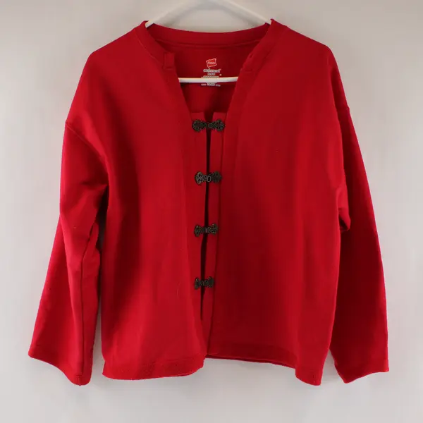 Hand Altered Hanes EcoSmart Womens M Red Fleece Cardigan Hook-and-Eye LS