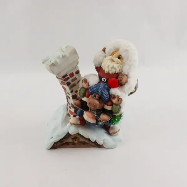 Unbranded Christmas Santa W/ Reindeer On Snowy Roof Ceramic Figurine Home Decor