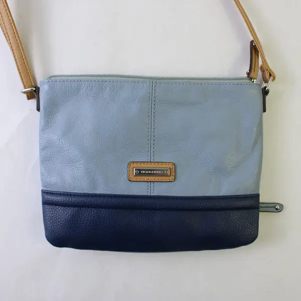 Tignanello 2-Tone Blue Leather Zipper Crossbody Shoulder Bag, Pouch on Back 