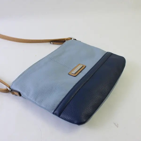 Tignanello 2-Tone Blue Leather Zipper Crossbody Shoulder Bag, Pouch on Back 