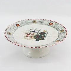Ceramic Pedestal Compote Bowl Christmas Snowman Tree 11in