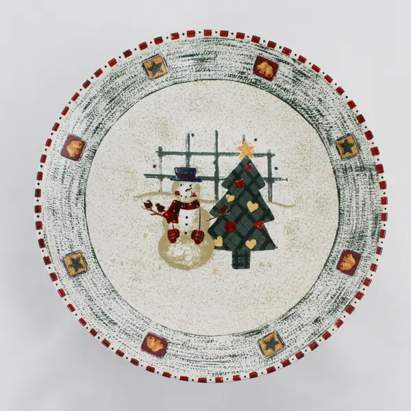 Ceramic Pedestal Compote Bowl Christmas Snowman Tree 11in