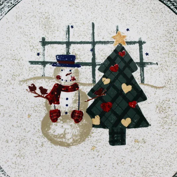 Ceramic Pedestal Compote Bowl Christmas Snowman Tree 11in