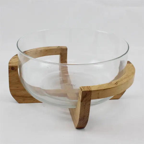 Unbranded Round Clear Glass Serving Bowl With Matching Nested Wooden Stand
