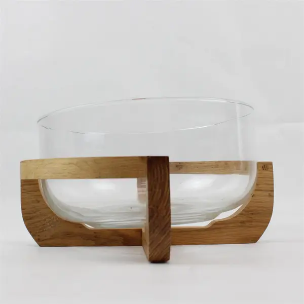 Unbranded Round Clear Glass Serving Bowl With Matching Nested Wooden Stand