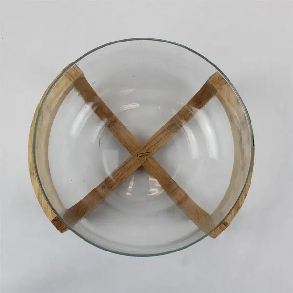 Unbranded Round Clear Glass Serving Bowl With Matching Nested Wooden Stand