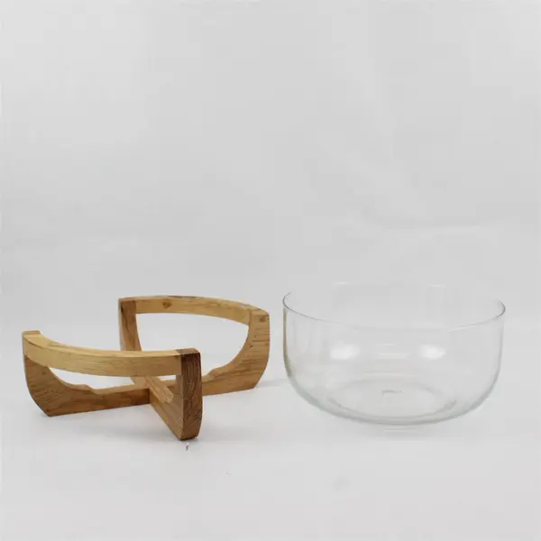Unbranded Round Clear Glass Serving Bowl With Matching Nested Wooden Stand