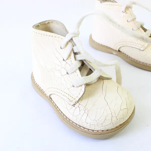 Vintage White Leather Baby Shoes High Top Cracked Pre-Owned