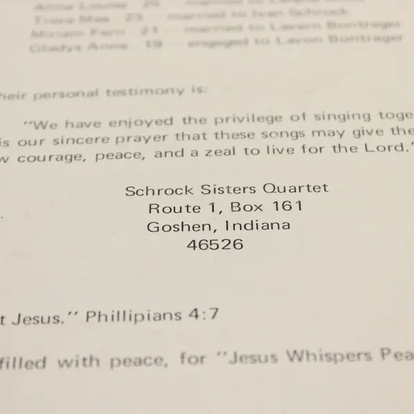 The Schrock Sisters Quartette Jesus Whispers Peace 12" Vinyl LP