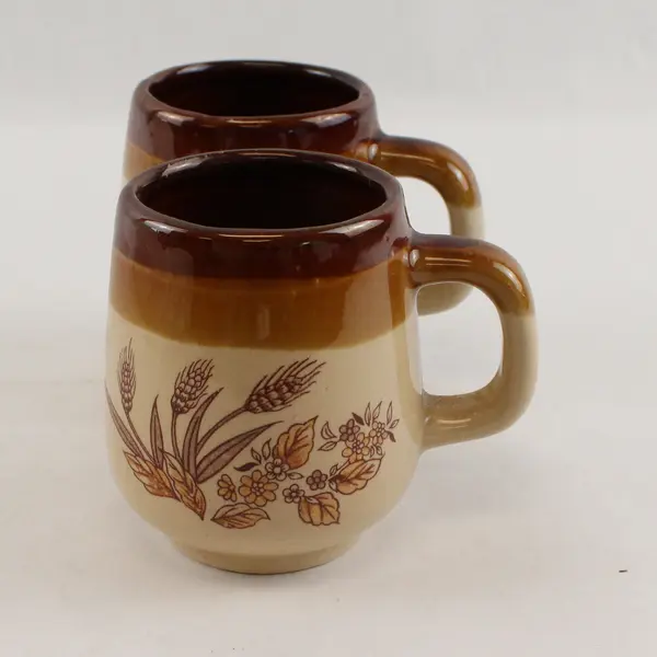 Vintage Set of 2 Wheat Design Glazed Brown Ceramic Coffee Mugs